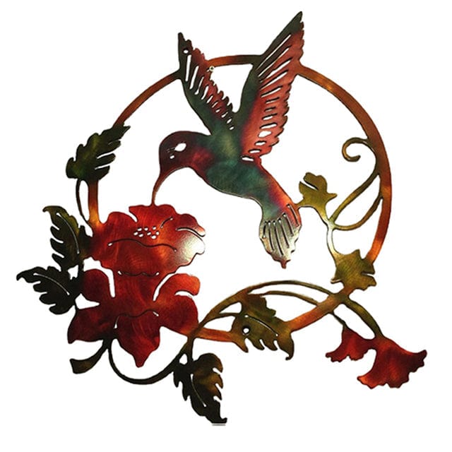 Décoration murale extérieure en métal "Colibri Butinant une Fleur"
