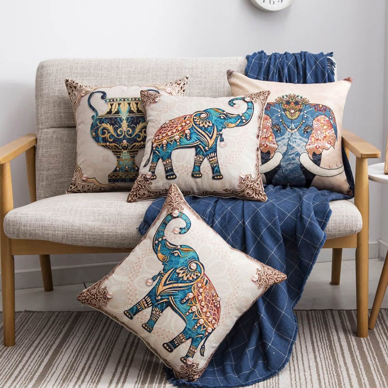 Housse de Coussin Motif Eléphant Indien